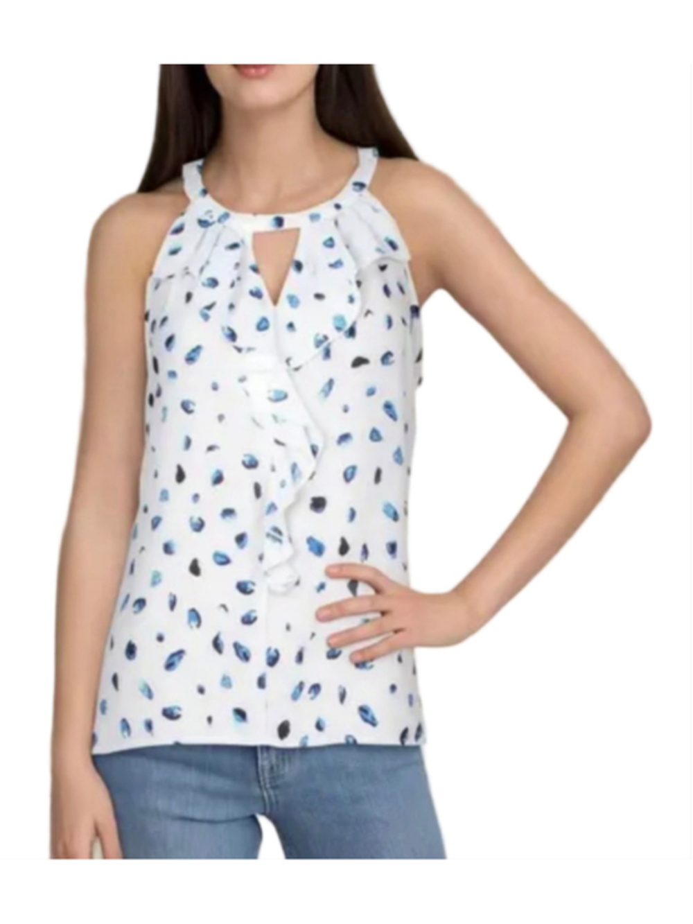 Lightweight White and Blue Leopard Print Frill Collar Tank